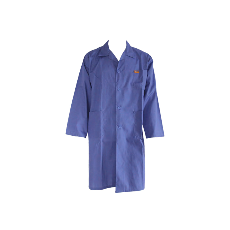 J06 Blaue, atmungsaktive lange Laborkitteljacke aus 100 % Baumwolltwill
